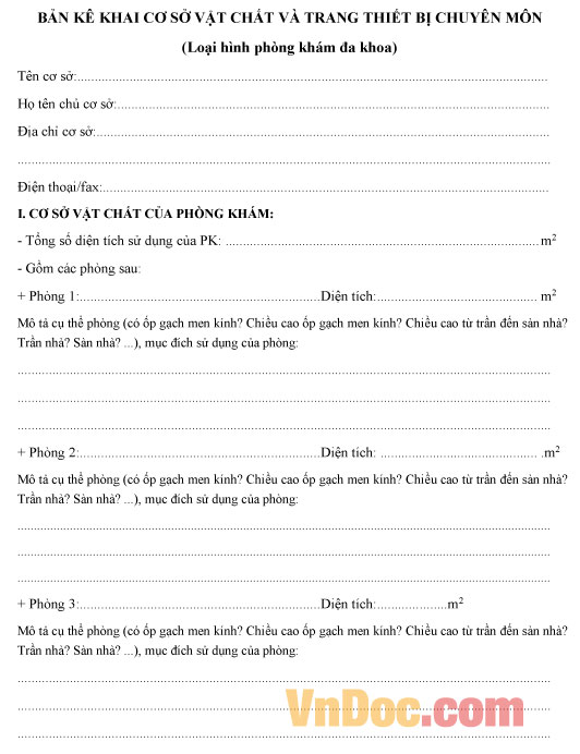Mẫu bảng kê khai cơ sở vật chất thiết bị phòng khám của người nước ngoài