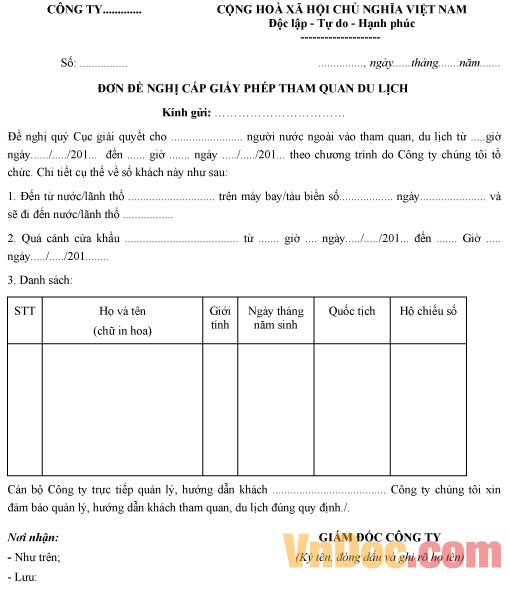Mẫu đơn đề nghị cấp giấy phép tham quan du lịch dành cho công ty du lịch, lữ hành