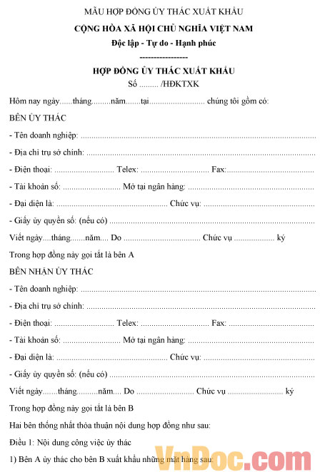 Mẫu hợp đồng ủy thác xuất khẩu