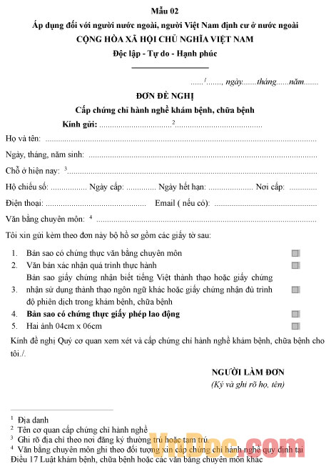 Đơn đề nghị cấp chứng chỉ hành nghề khám bệnh, chữa bệnh