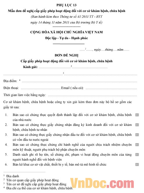 Mẫu đơn đề nghị cấp giấy phép hoạt động đối với cơ sở khám bệnh, chữa bệnh