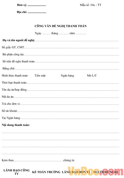 Công văn đề nghị thanh toán Mẫu Công văn đề nghị thanh toán