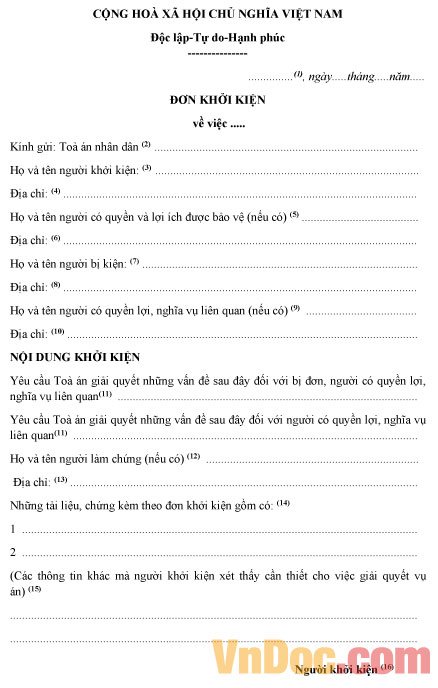 Mẫu đơn khởi kiện vụ án lao động