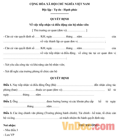 Mẫu quyết định tiếp nhận và điều động nhân viên