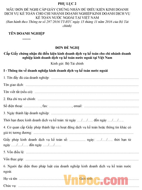 Mẫu đơn đề nghị cấp giấy chứng nhận đủ điều kiện kinh doanh dịch vụ kế toán cho doanh nghiệp nước ngoài