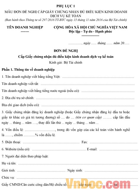Mẫu đơn đề nghị cấp giấy chứng nhận đủ điều kiện kinh doanh dịch vụ kế toán
