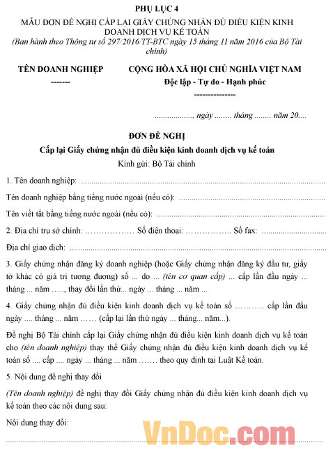 Mẫu đơn đề nghị cấp lại giấy chứng nhận đủ điều kiện kinh doanh dịch vụ kế toán