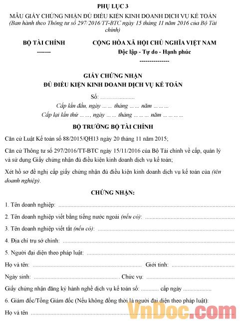Mẫu giấy chứng nhận đủ điều kiện kinh doanh dịch vụ kế toán
