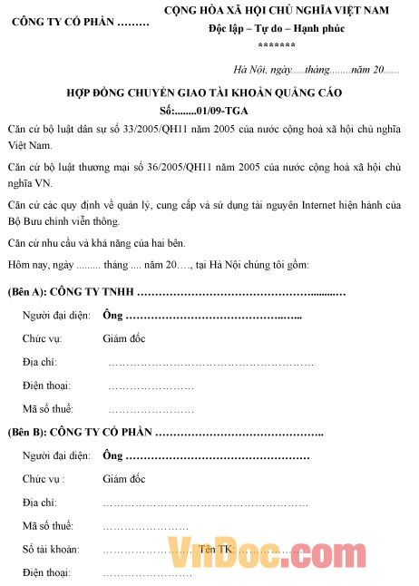 Hợp đồng chuyển giao tài khoản quảng cáo Mẫu hợp đồng chuyển giao tài khoản quảng cáo