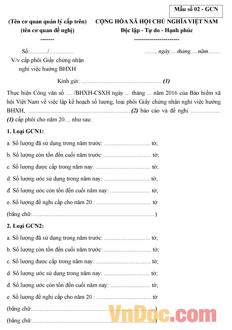 Mẫu số 02-GCN: Đề nghị cấp phôi giấy chứng nhận nghỉ việc hưởng BHXH