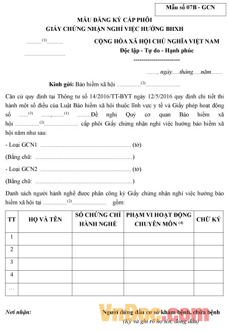 Mẫu số 07B - GCN: Mẫu đăng ký cấp phôi giấy chứng nhận nghỉ việc hưởng BHXH