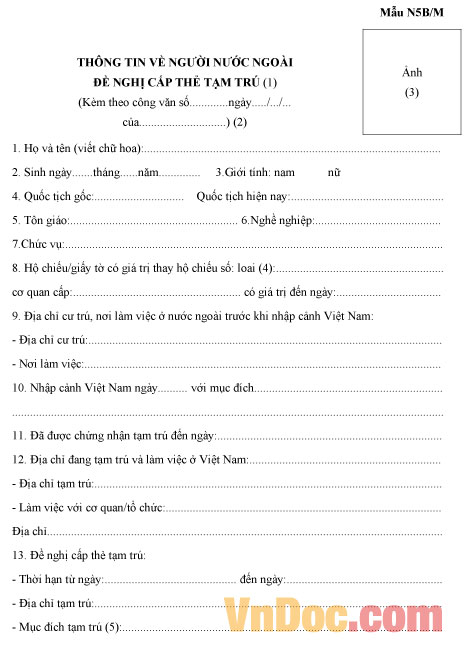 Mẫu thông tin về người nước ngoài đề nghị cấp thẻ tạm trú