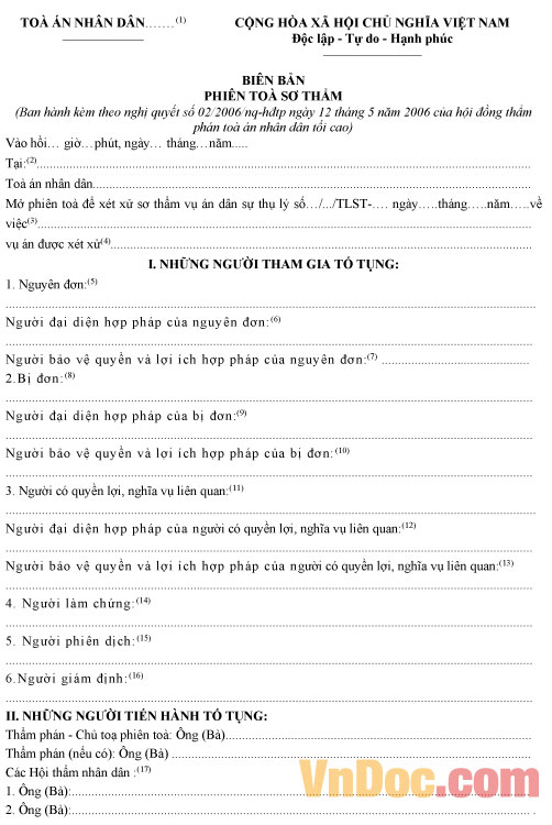 Mẫu biên bản phiên tòa sơ thẩm