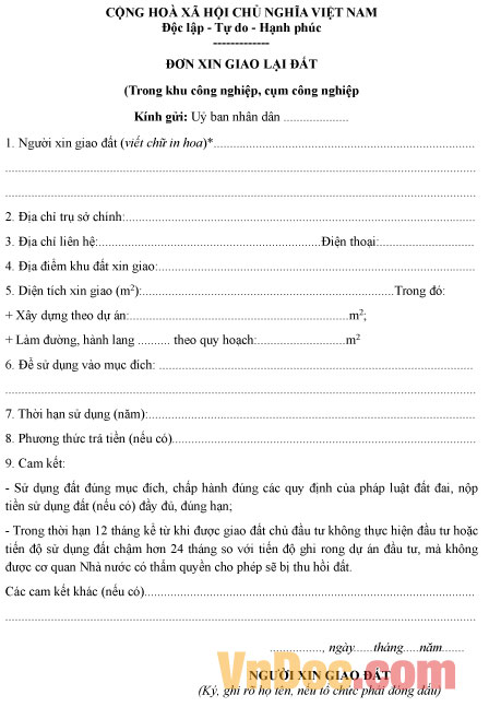 Mẫu đơn xin giao lại đất