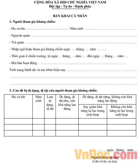 Mẫu bản khai cá nhân