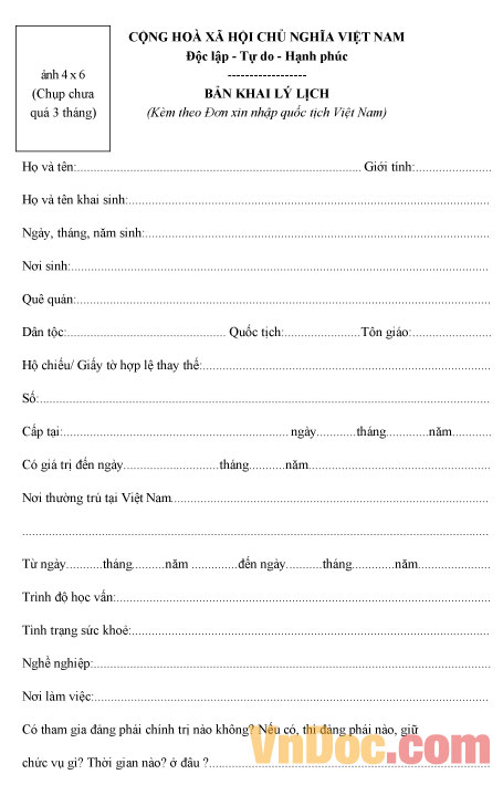 Bản khai lý lịch xin nhập quốc tịch