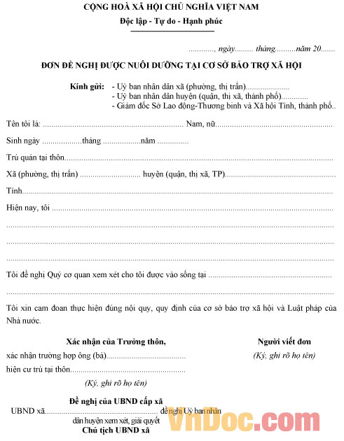 Mẫu đơn đề nghị được nuôi dưỡng tại cơ sở Bảo trợ xã hội