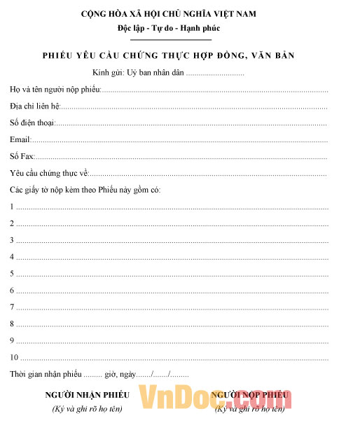 Mẫu phiếu yêu cầu chứng thực Phiếu yêu cầu chứng thực