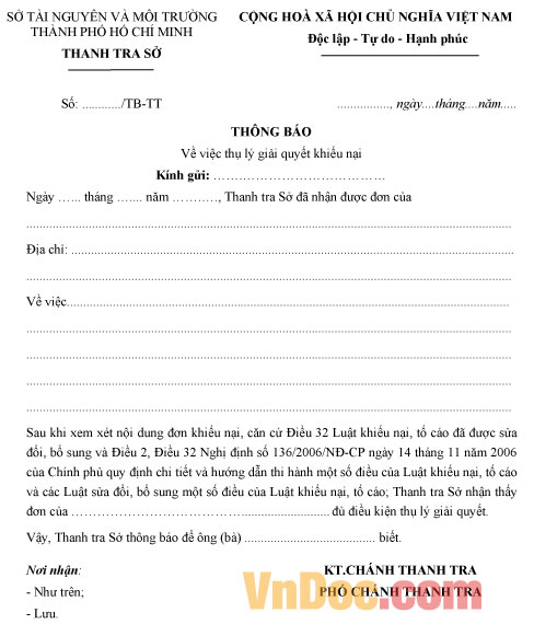 Mẫu thông báo về việc thụ lý giải quyết khiếu nại của công dân