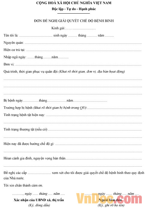 Mẫu đơn đề nghị giải quyết chế độ bệnh binh
