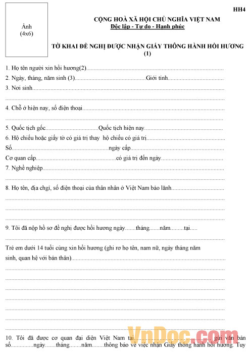 Mẫu tờ khai đề nghị được nhận Giấy thông hành hồi hương