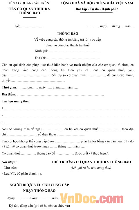 Mẫu văn bản yêu cầu cung cấp thông tin bằng trả lời trực tiếp