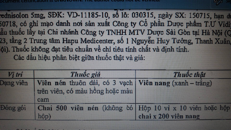 Phân biệt thuốc Prednisolon thật và giả 