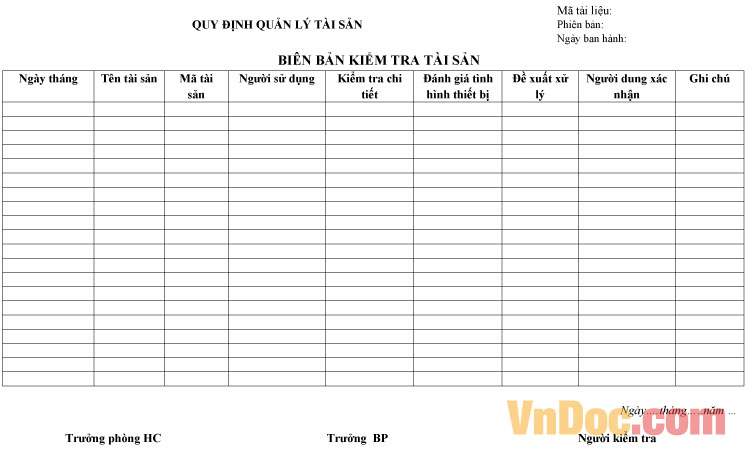 Mẫu biên bản kiểm tra tài sản