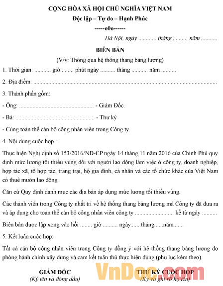 Mẫu biên bản thông qua hệ thống thang bảng lương của doanh nghiệp