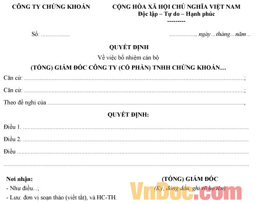 Mẫu quyết định bổ nhiệm Tổng Giám đốc công ty chứng khoán