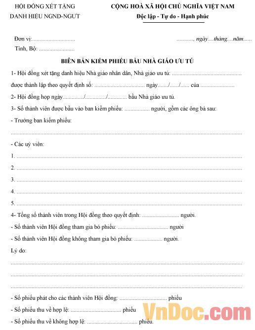Mẫu biên bản kiểm phiếu bầu Nhà giáo ưu tú, Nhà giáo nhân dân