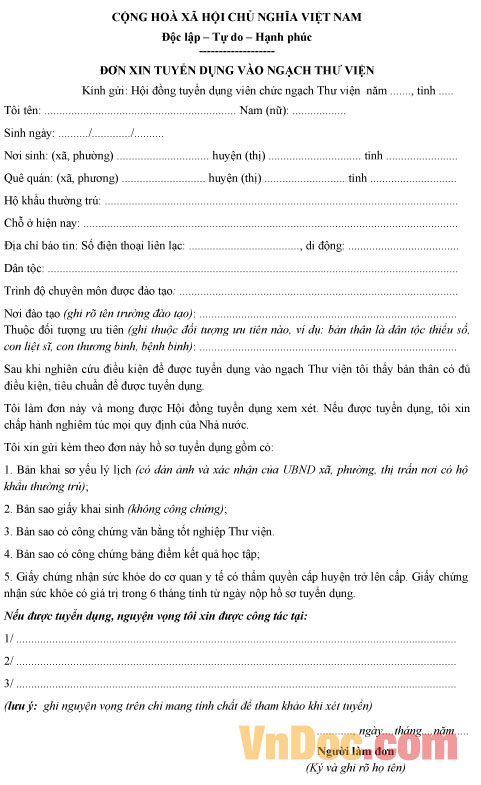 Mẫu đơn xin tuyển dụng vào ngạch thư viện