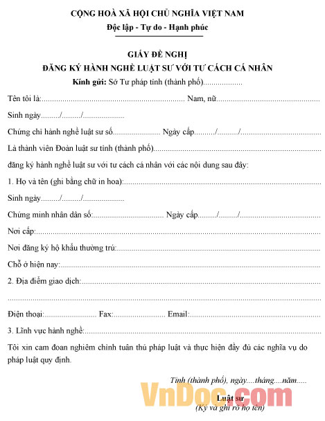 Giấy đề nghị đăng ký hành nghề luật sư với tư cách cá nhân Mẫu giấy đề nghị đăng ký hành nghề luật sư với tư cách cá nhân