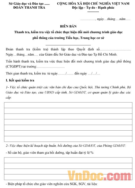 Mẫu biên bản thanh tra, kiểm tra việc tổ chức thực hiện đổi mới chương trình giáo dục phổ thông