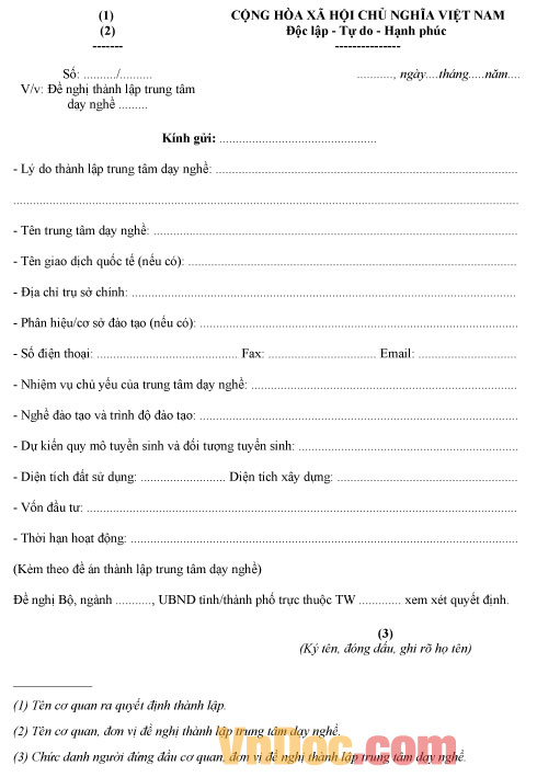 Mẫu công văn đề nghị thành lập trung tâm dạy nghề