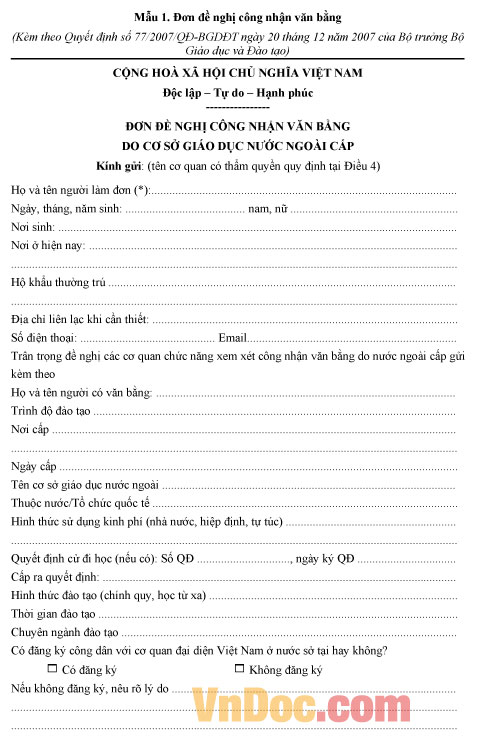 Mẫu đơn đề nghị công nhận văn bằng