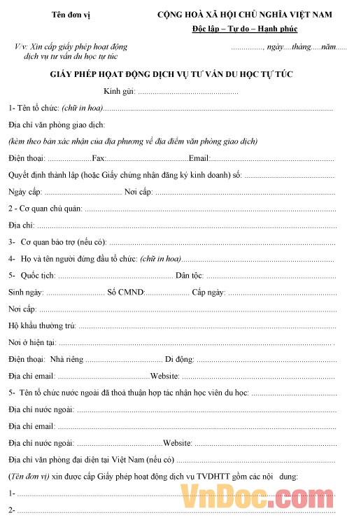 Mẫu đơn xin cấp phép hoạt động dịch vụ tư vấn du học