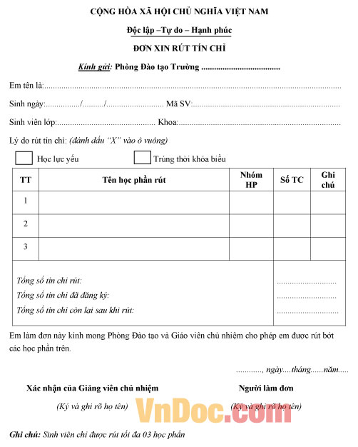 Mẫu đơn xin rút tín chỉ