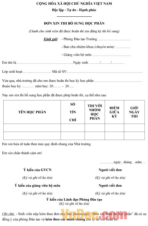 Mẫu đơn xin thi bổ sung