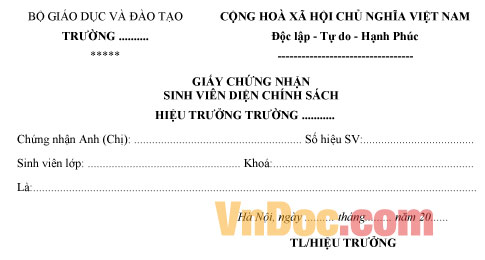 Mẫu giấy chứng nhận sinh viên diện chính sách