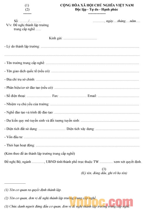 Mẫu công văn đề nghị thành lập trường trung cấp nghề