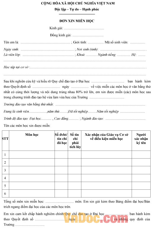 Mẫu đơn xin miễn học
