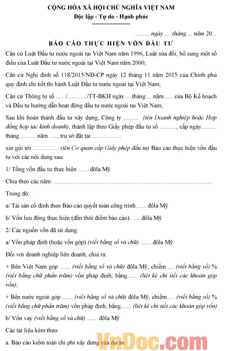 Mẫu báo cáo thực hiện vốn đầu tư