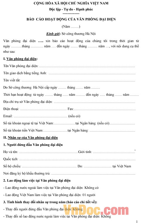 Mẫu báo cáo hoạt động văn phòng đại diện thương nhân nước ngoài