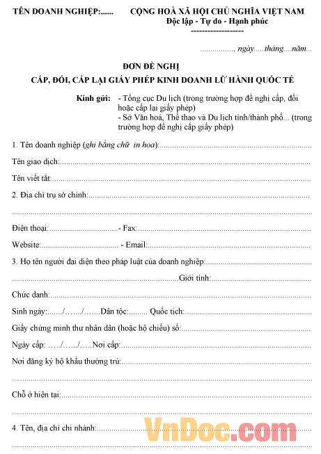 Đơn đề nghị cấp mới, cấp đổi, cấp lại giấy phép kinh doanh lữ hành quốc tế Mẫu đơn đề nghị cấp mới, cấp đổi, cấp lại giấy phép kinh doanh lữ hành quốc tế