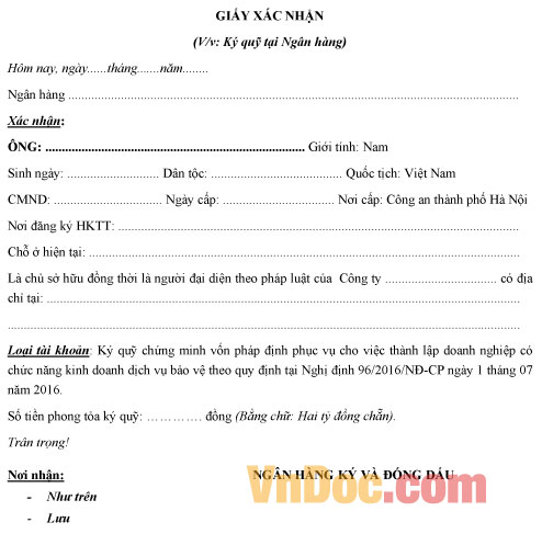 Giấy xác nhận ký quỹ kinh doanh dịch vụ bảo vệ Mẫu ký quỹ kinh doanh dịch vụ bảo vệ