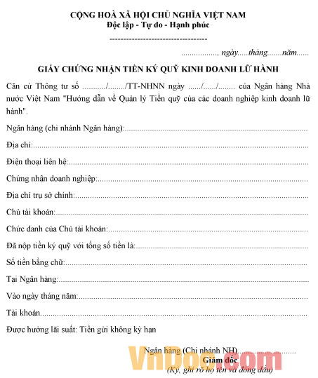 Mẫu xác nhận ký quỹ kinh doanh lữ hành quốc tế