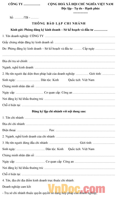 Mẫu thông báo lập chi nhánh công ty