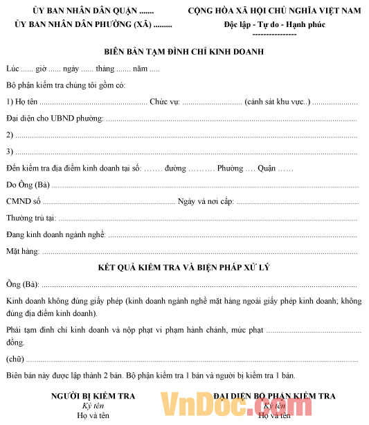 Mẫu biên bản tạm đình chỉ kinh doanh