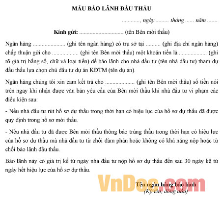 Mẫu bảo lãnh đấu thầu